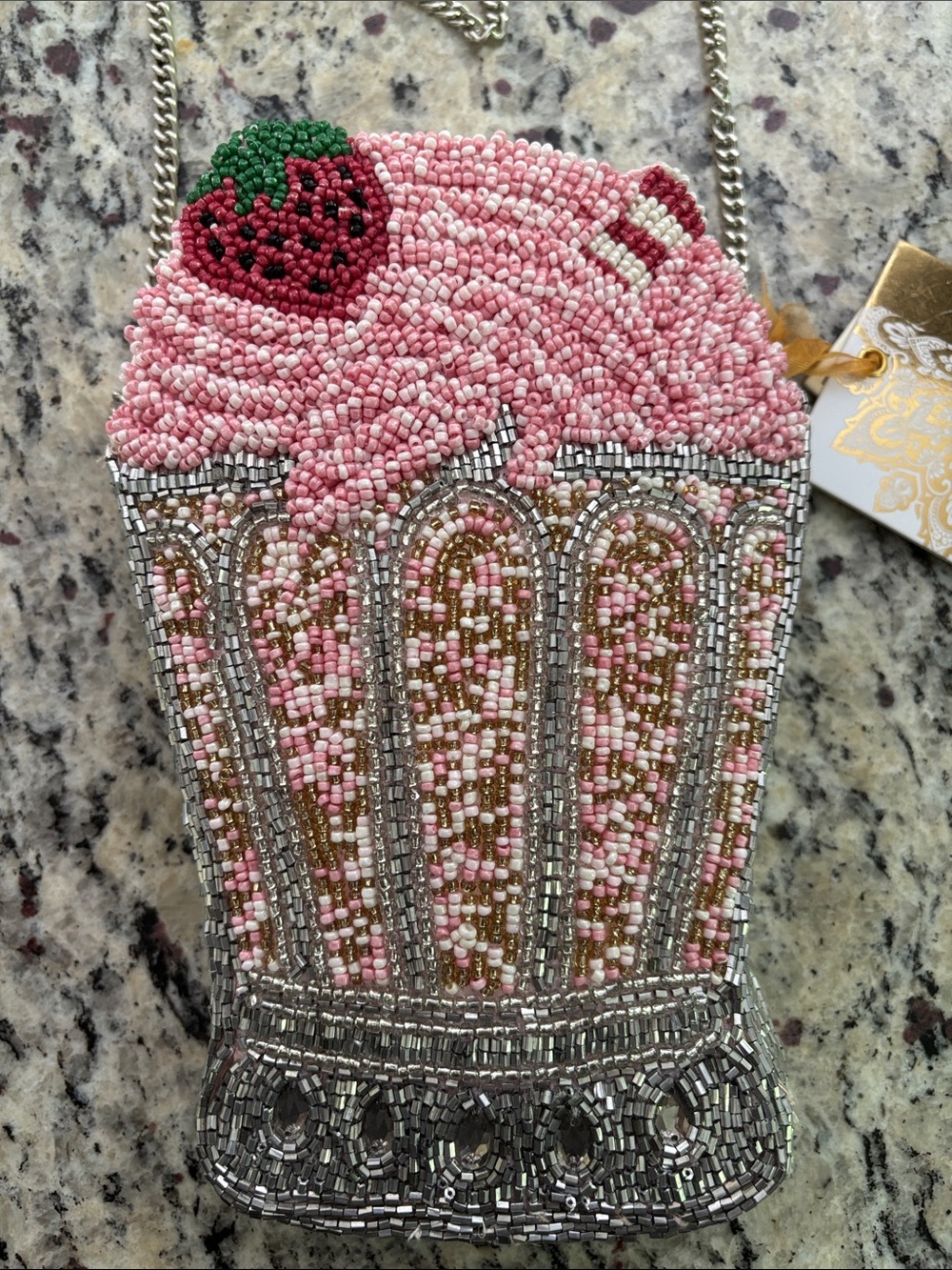 Made in India Beaded Pink and Silver Strawberry Milkshake Crossbody Bag - Picture 8 of 12